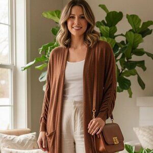 Michael Kors Women's Open-Front Long Cardigan Burnt Umber Size Large